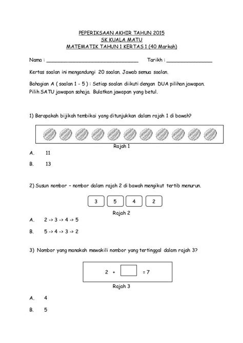 Soalan Matematik Tahun 1 Peperiksaan Akhir Tahun Image